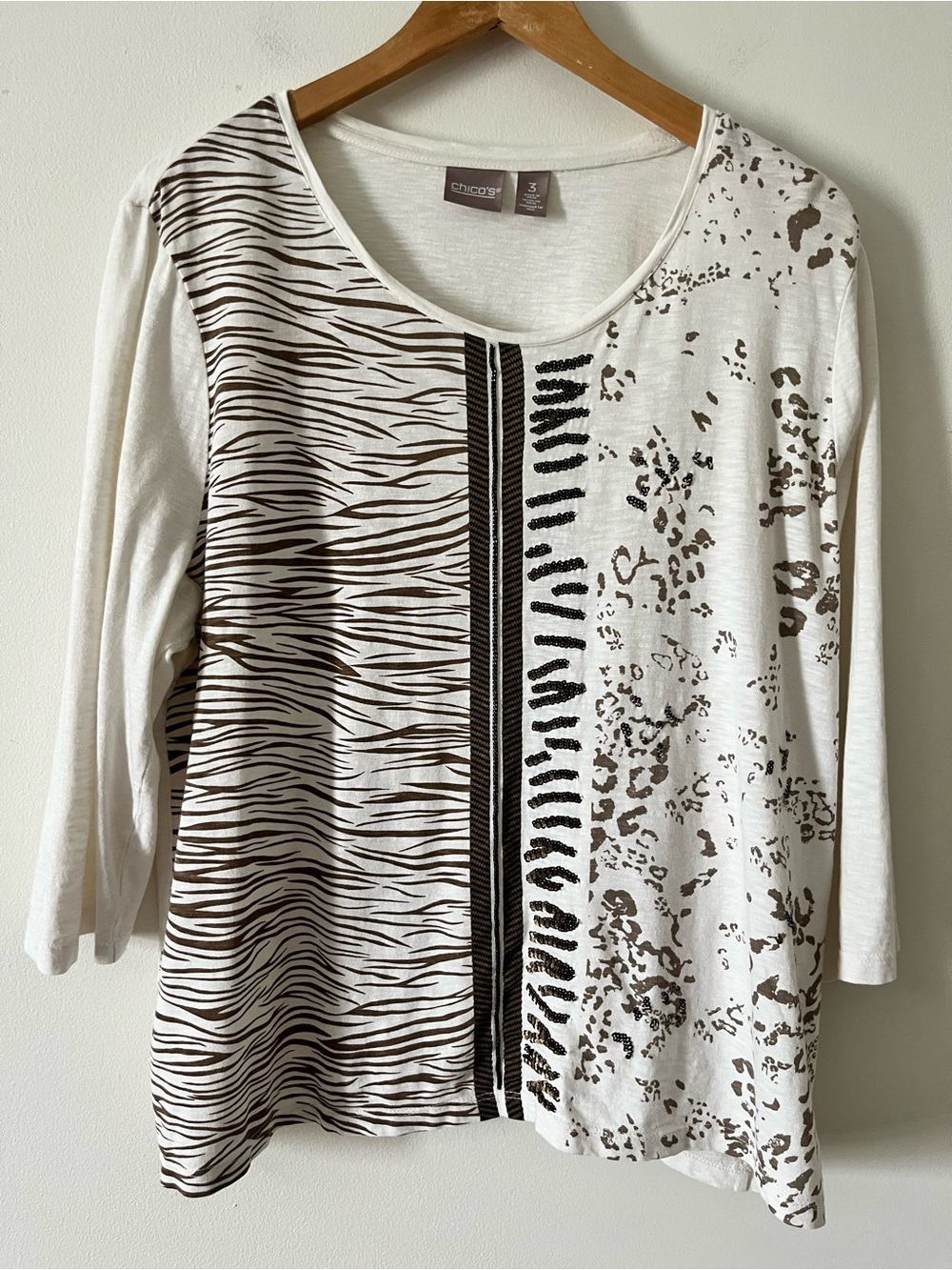 Chico's White & Brown Zebra Leopard Mixed Print Beaded  Fall Top XL 16